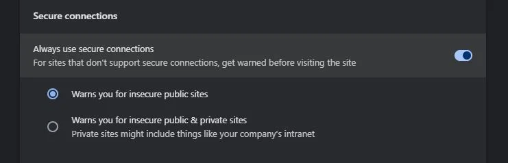 فعال سازی Secure Connections Secure connections in Google Chrome Settings